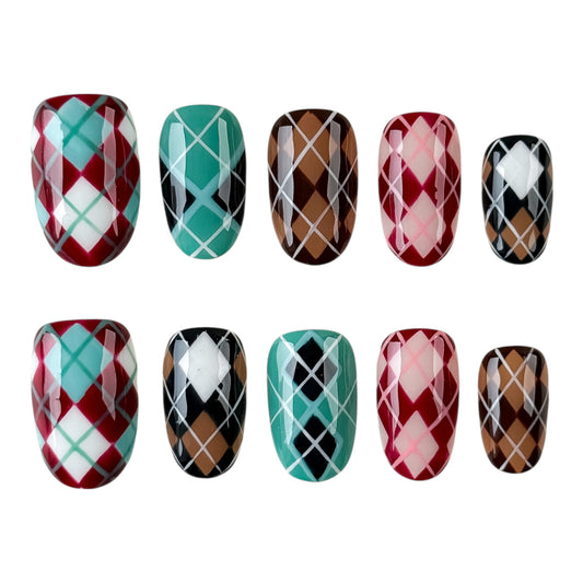 Argyle London Club NailMusee-ongles press on motif argyle style londonien preppy chic