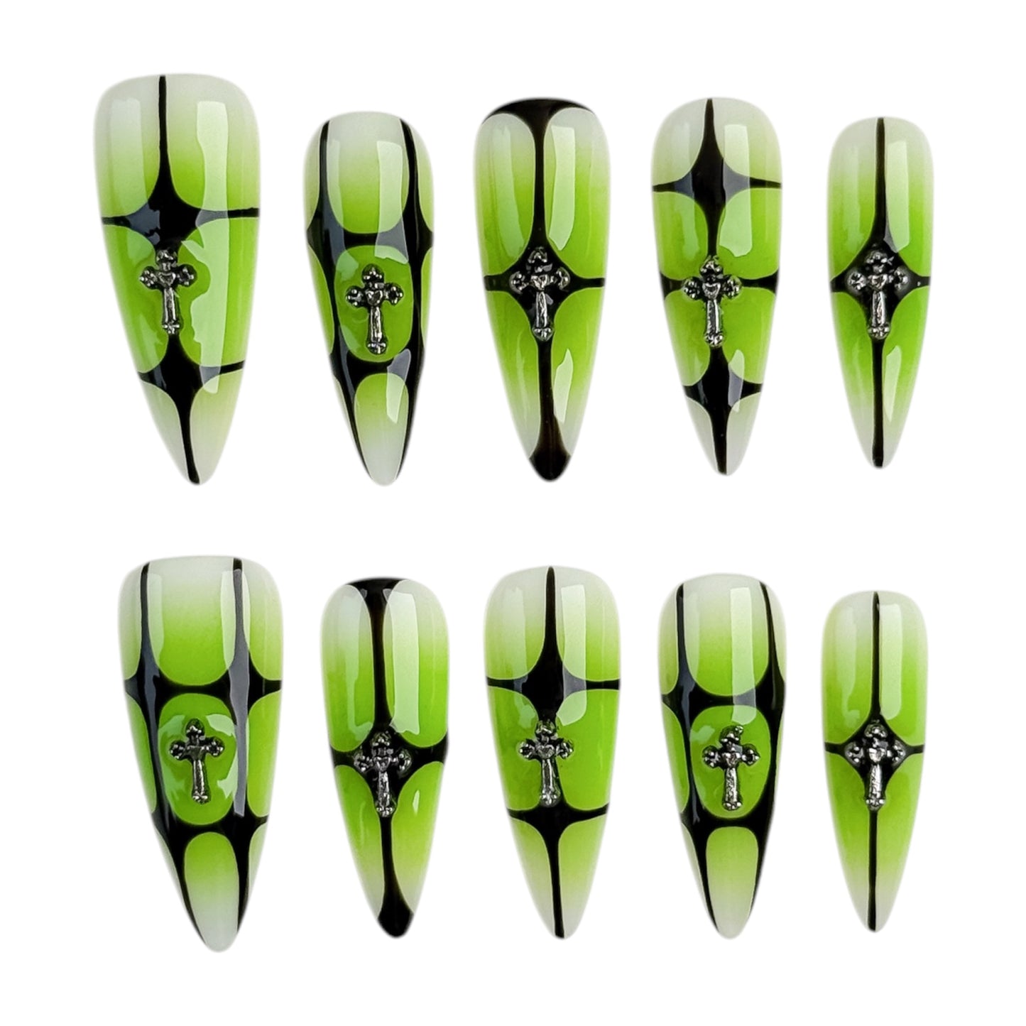 Faux ongles vert néon avec détail croix et lignes noires – NailMusee Green Ritual