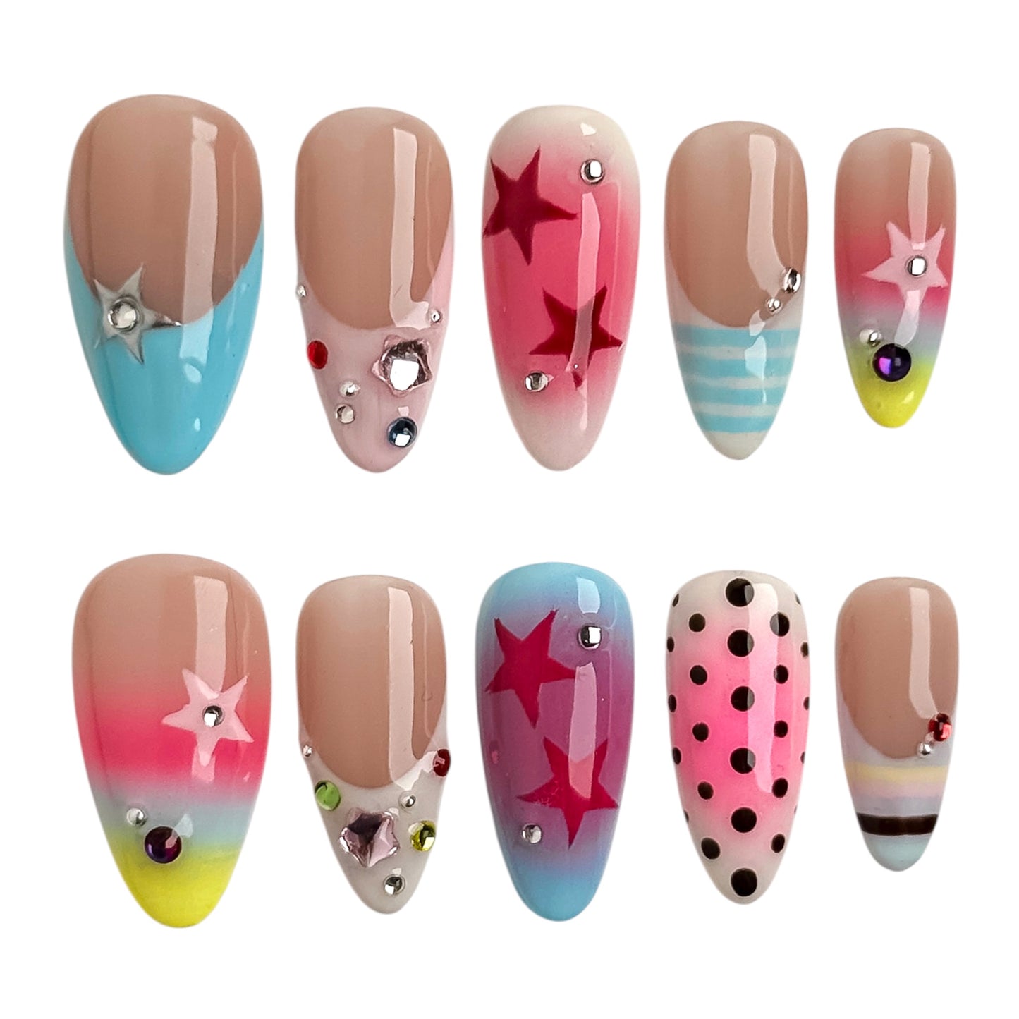 Close-up of Bubble Pop handmade press-on nails featuring chrome stars, polka dots, pastel gradients and glossy Y2K nail art aesthetic by NailMusee