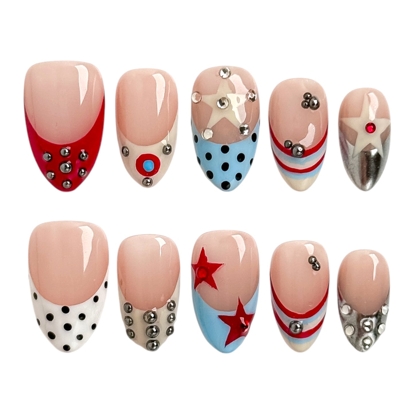 Close-up of Rodeo Star press-on nails featuring chrome details, stars, polka dots and retro western-inspired nail art by NailMusee.