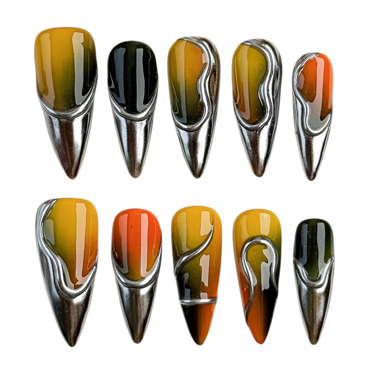 Sol do Rio Brazilian chrome press-on nails with yellow green gradient and sculpted silver chrome details by NailMusee