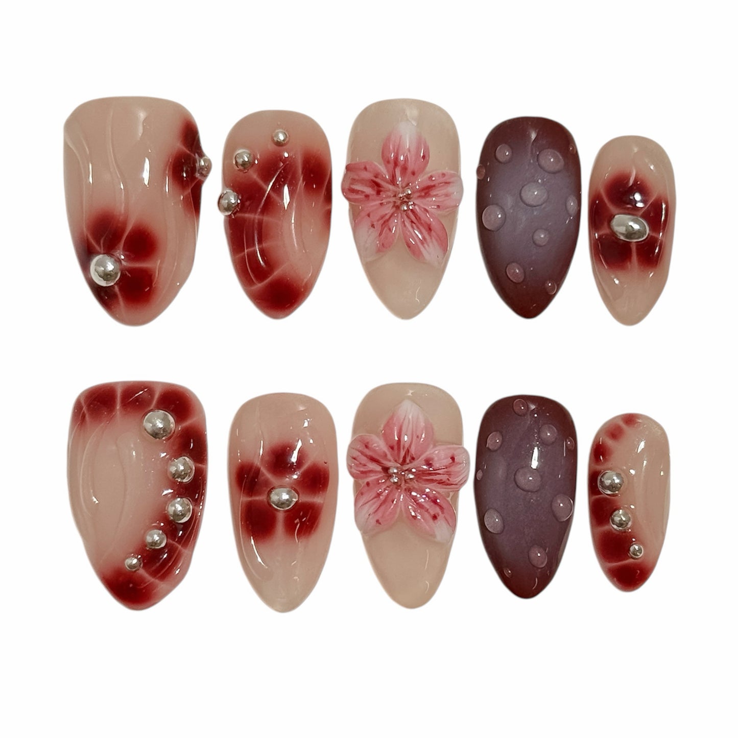 Faux ongles bordeaux Velours Rouge avec fleurs 3D, design élégant pour l’automne – NailMusee