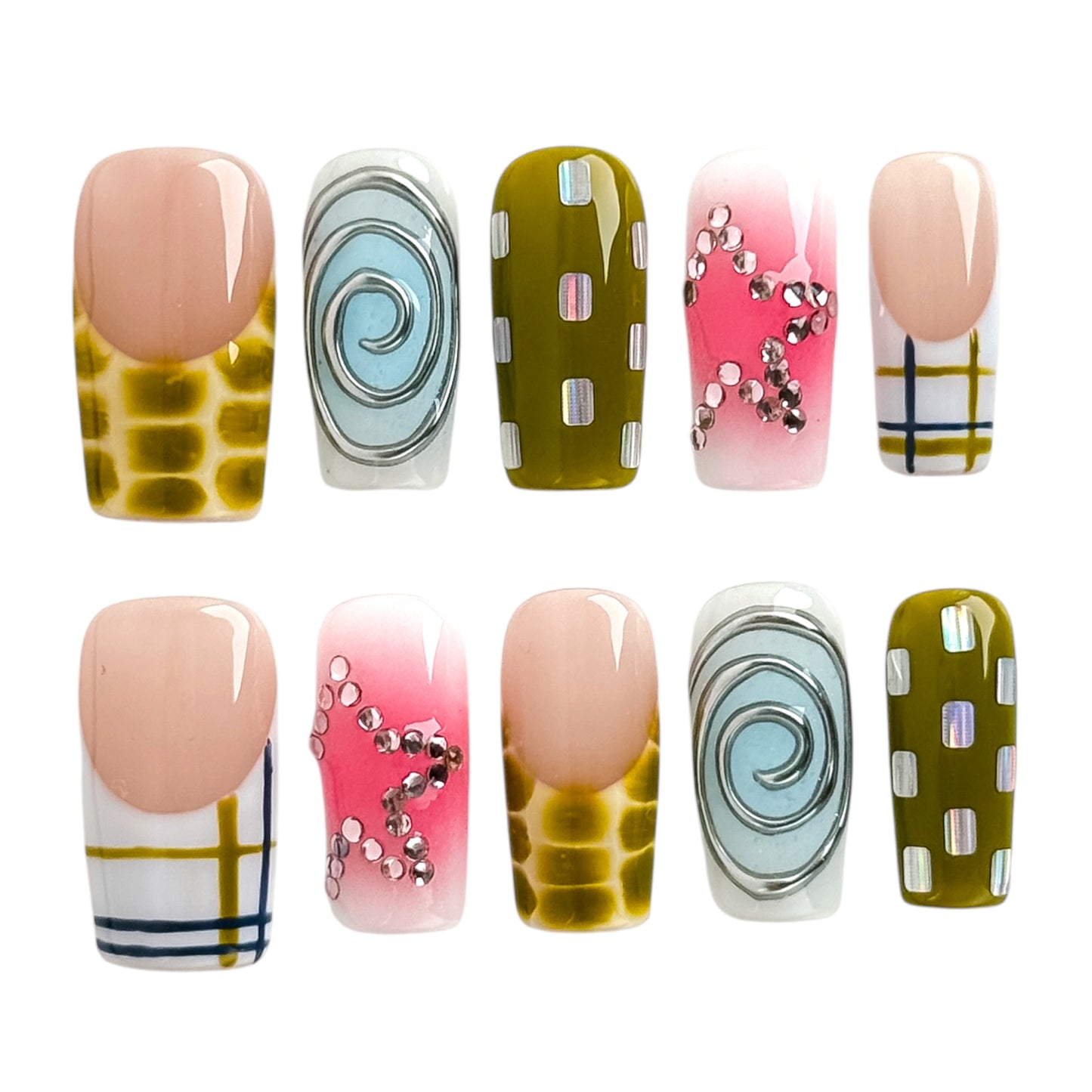 Bonbon Vortex press-on nails with chrome swirls, olive green accents, pink gradients and retro Y2K details by NailMusee