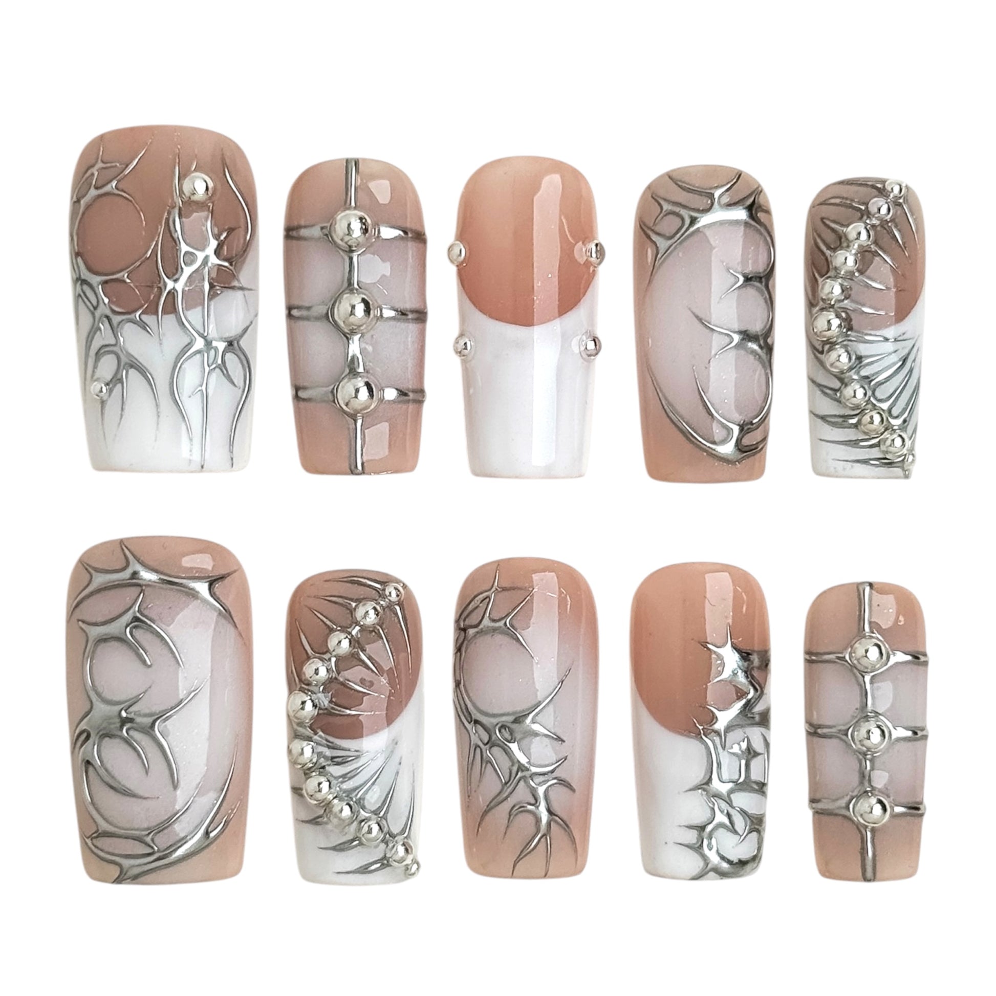 Épine Blanche nude chrome press-on nails with sculpted silver lines, metallic relief details and futuristic hot girl aesthetic by NailMusee