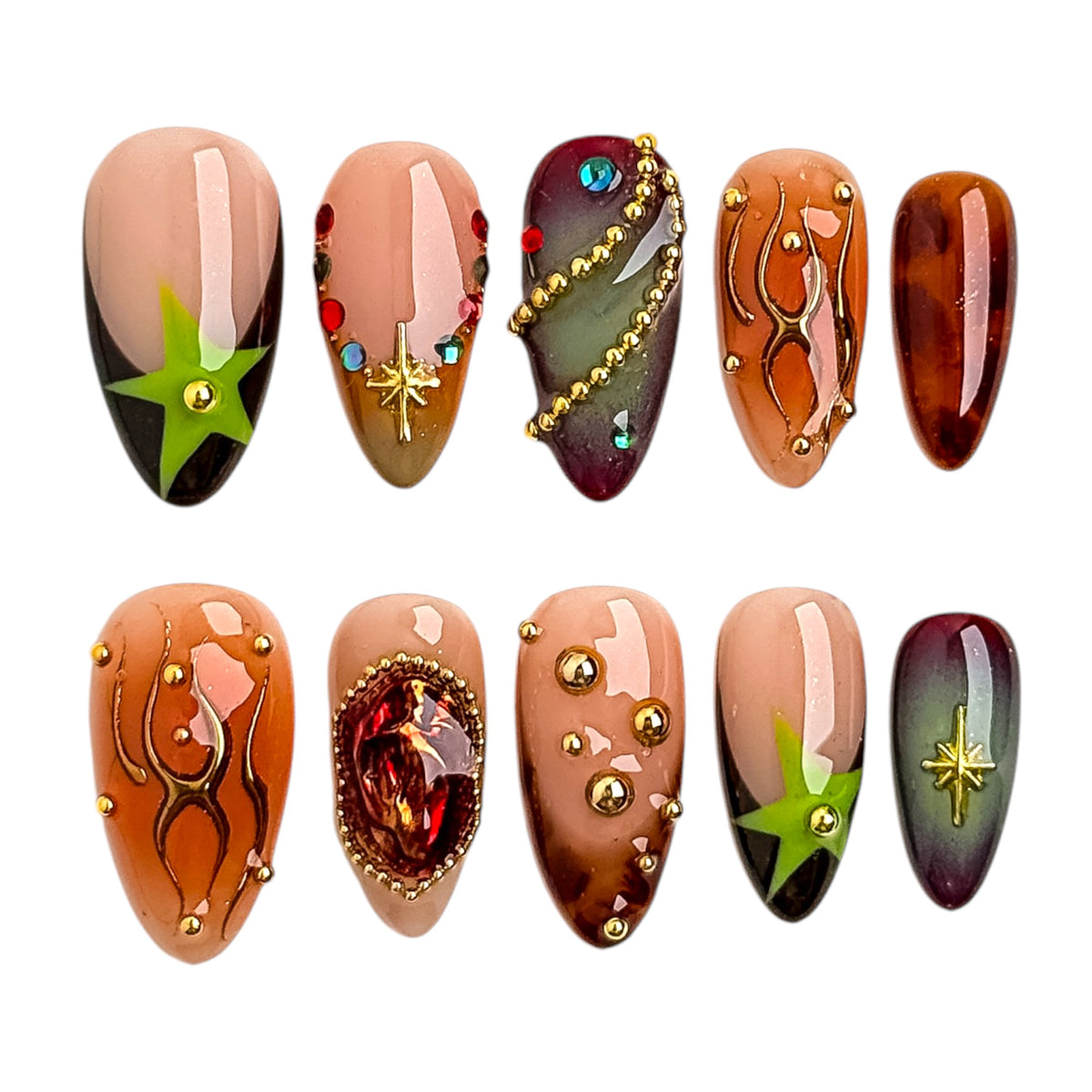 Amber Jewel press on nails faits main ambrés avec bijoux dorés, strass et détails 3D
