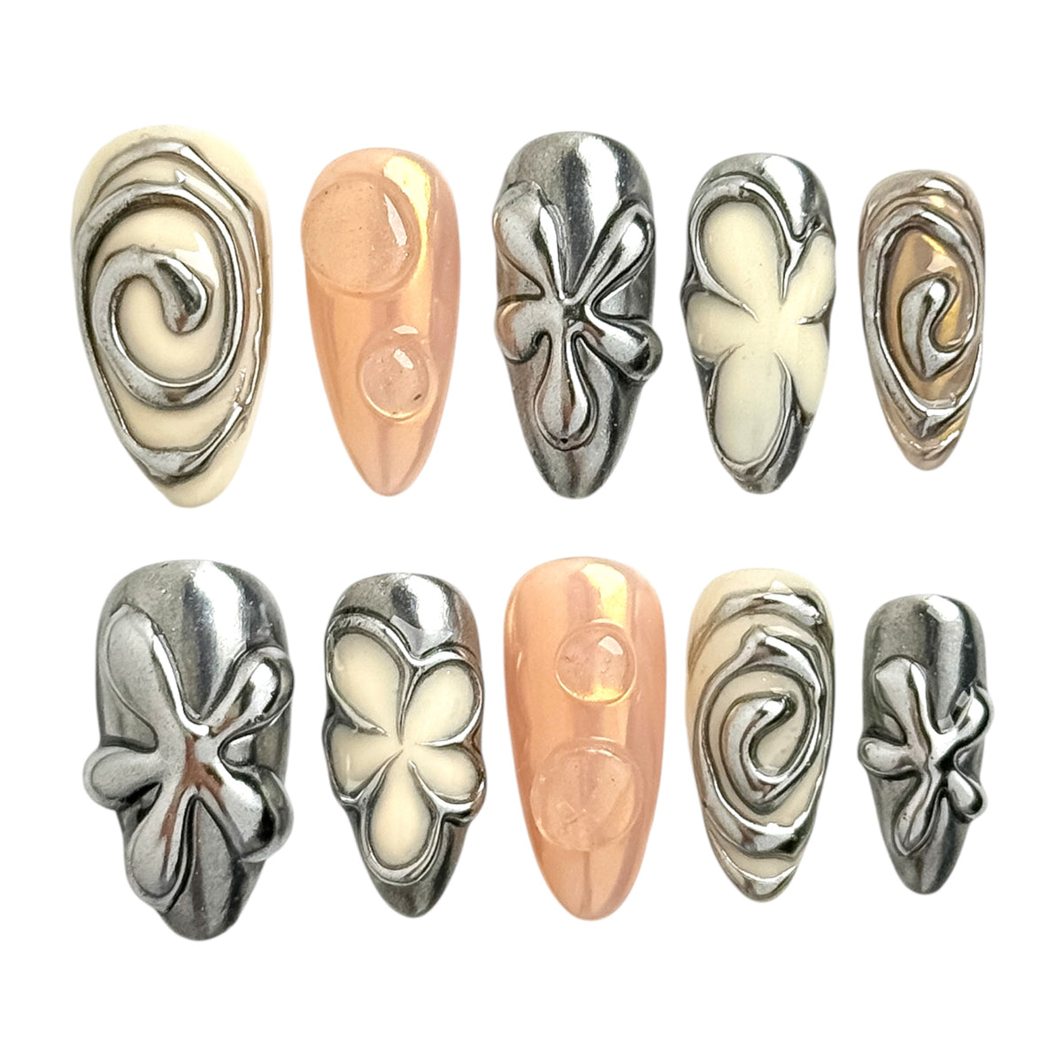 Chrome Daisy press on nails faits main avec fleurs 3D et détails chrome argentés