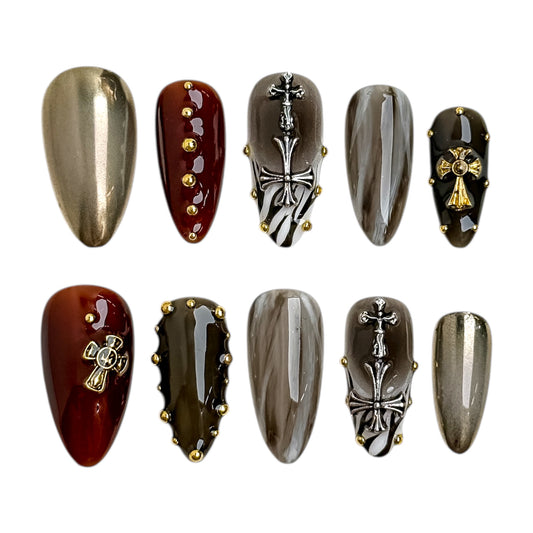 Set complet de faux ongles press-on gothiques Croix de Cendre en tons cendrés et bordeaux