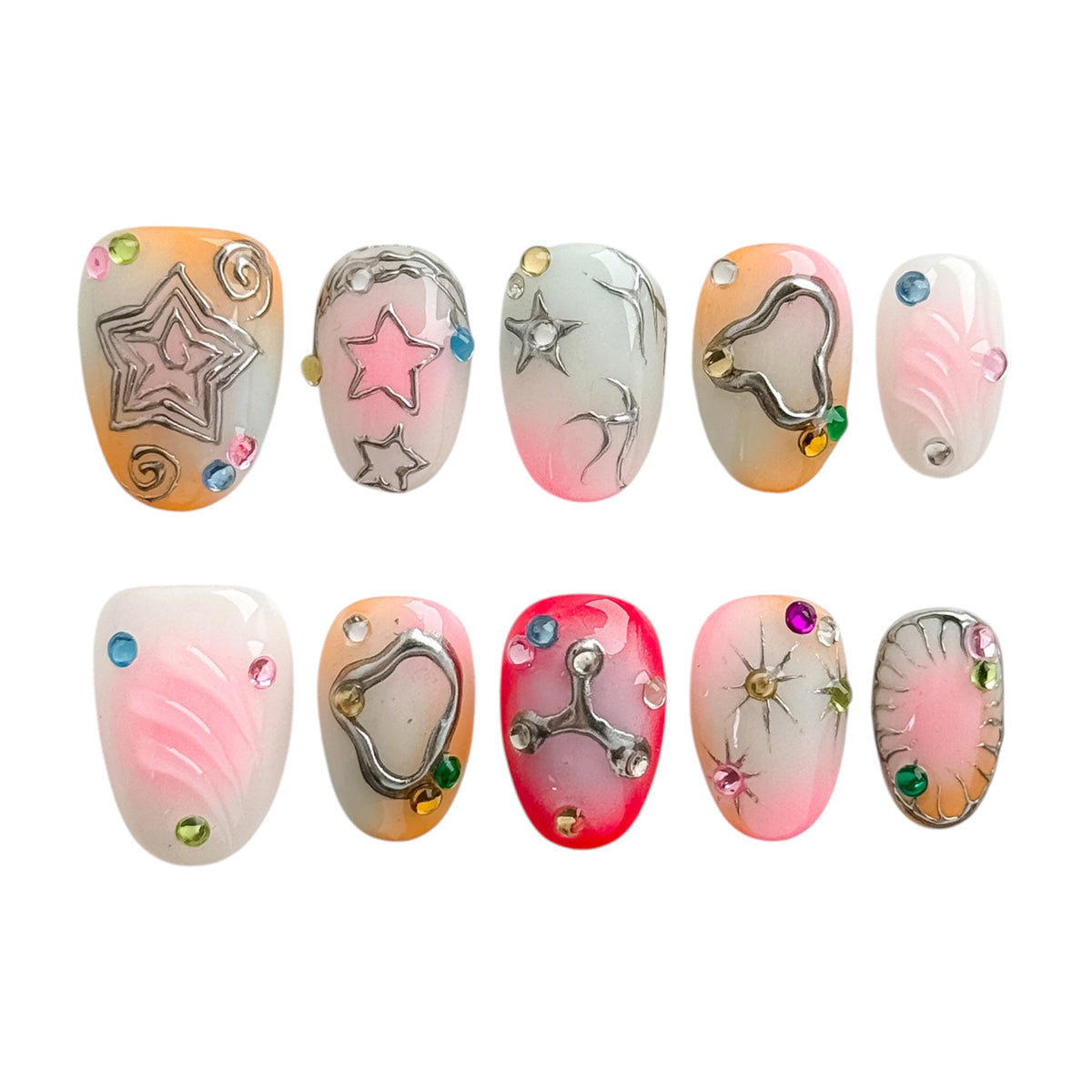 Disco Star press on nails courts avec étoiles, détails métalliques et strass multicolores style Y2K