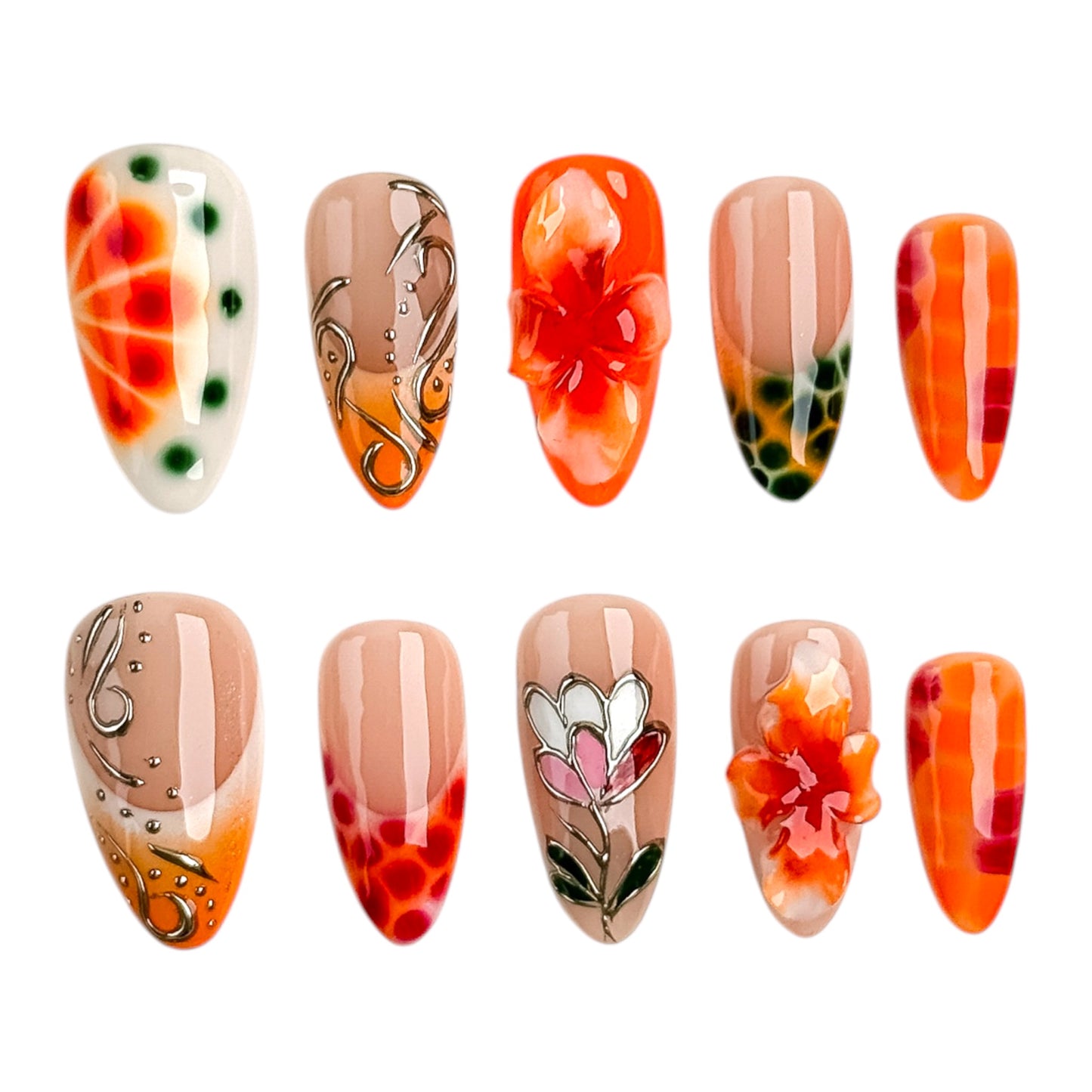 faux ongles orange avec fleurs 3D et finition brillante style printemps.