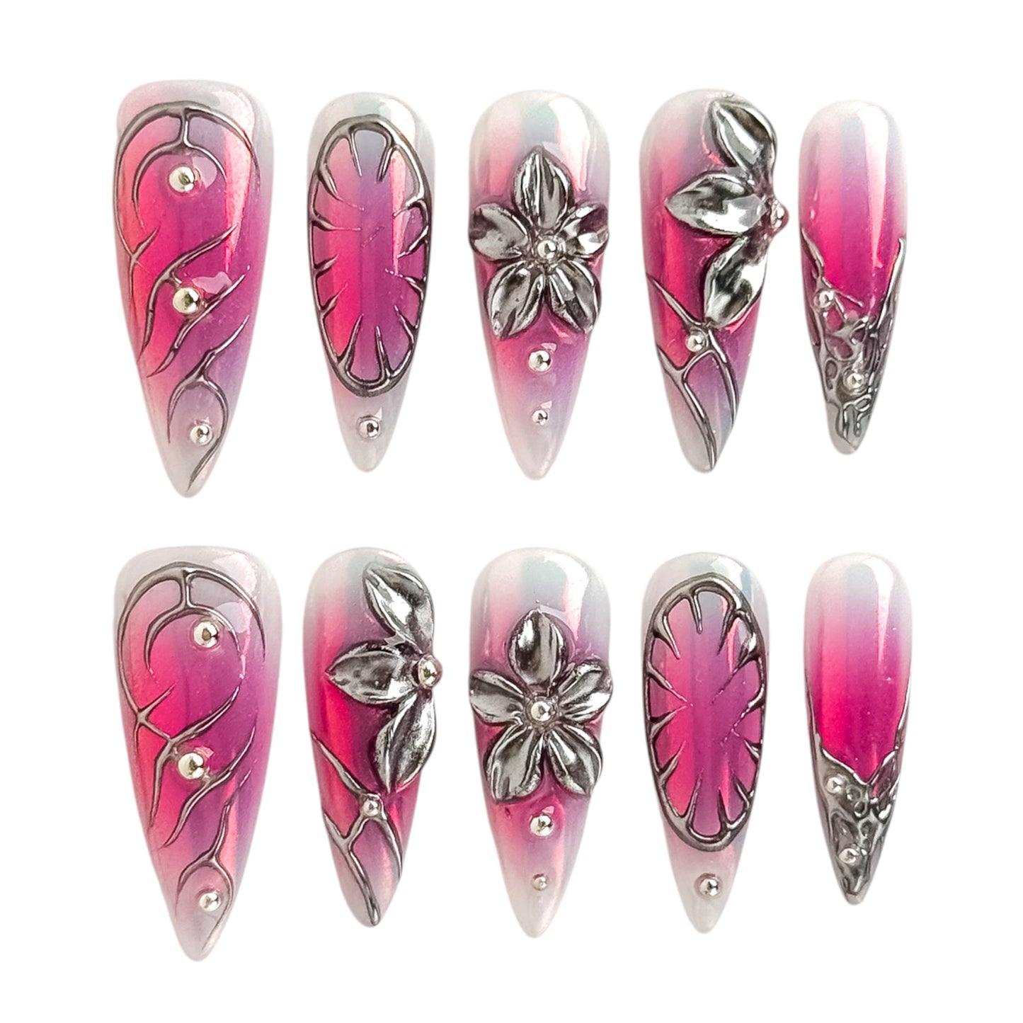 Press on nails roses jelly avec détails chrome argentés et fleurs 3D style Y2K par NailMusee