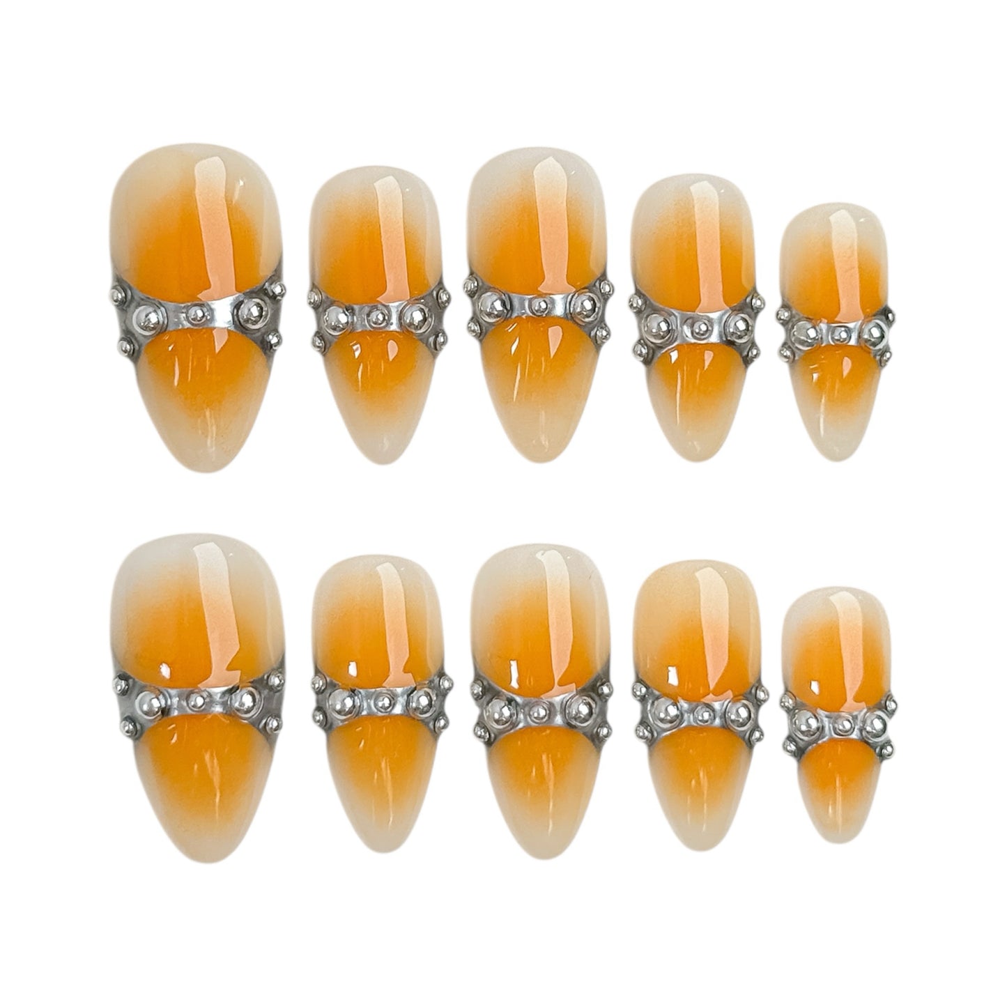 Faux ongles Mandarine Chrome dégradé mandarine avec métal argenté