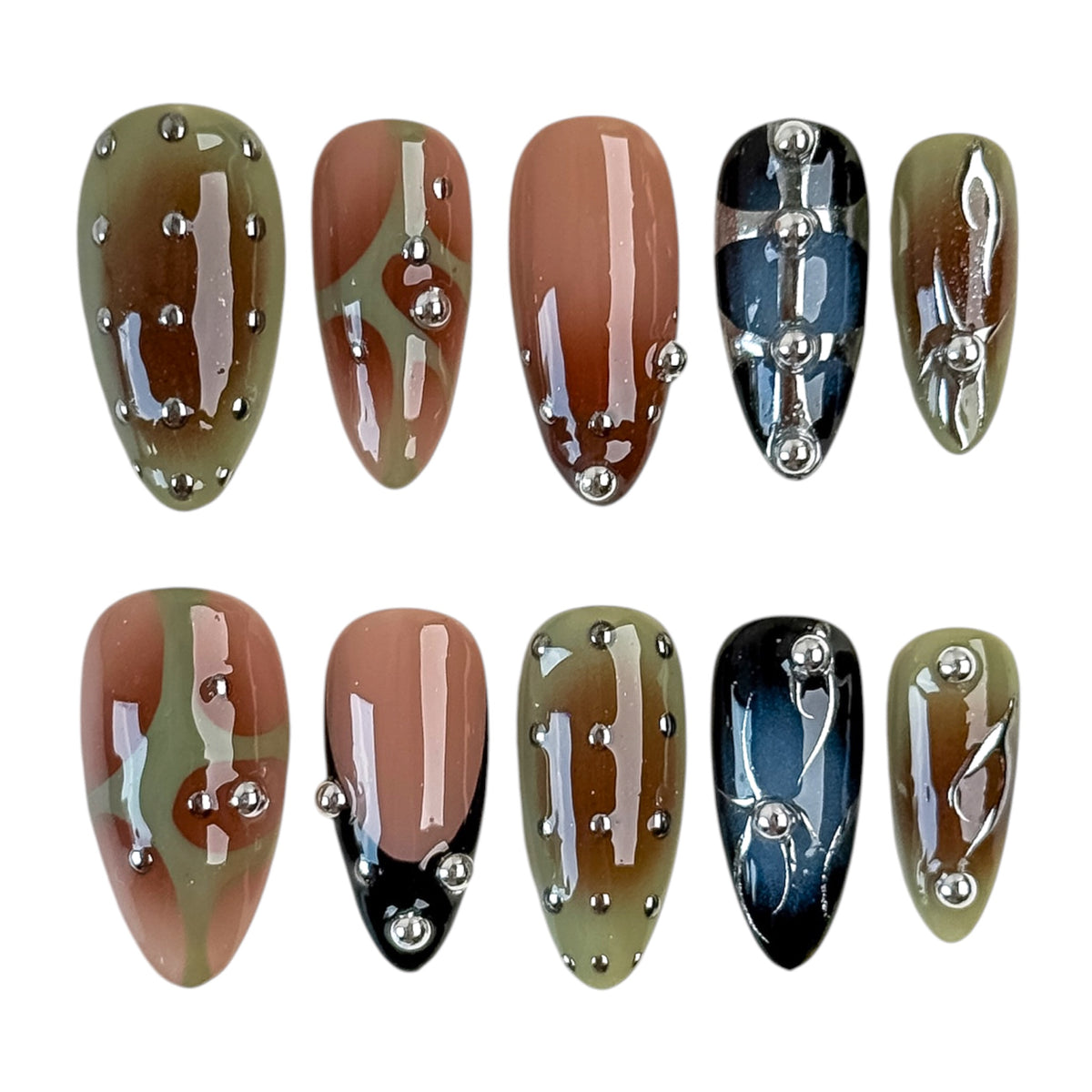 Press on nails Olive Circuit vert olive, nude caramel et détails chrome argentés – NAILMUSEE