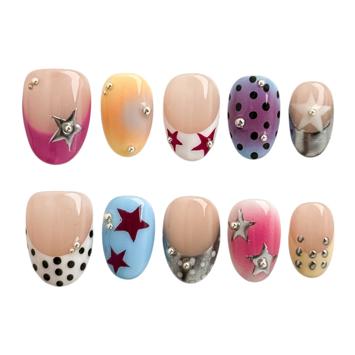 Star Dot press on nails courts style Y2K American retro avec étoiles et motifs à pois