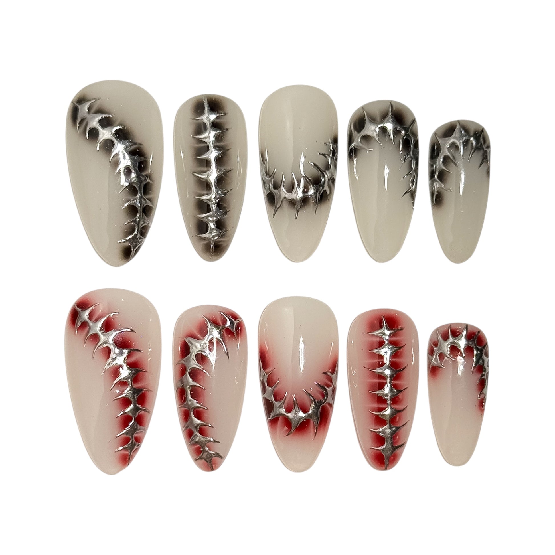 suturé-ensemble de press-on nails argenté sur base laiteuse,au design minimal et métallique