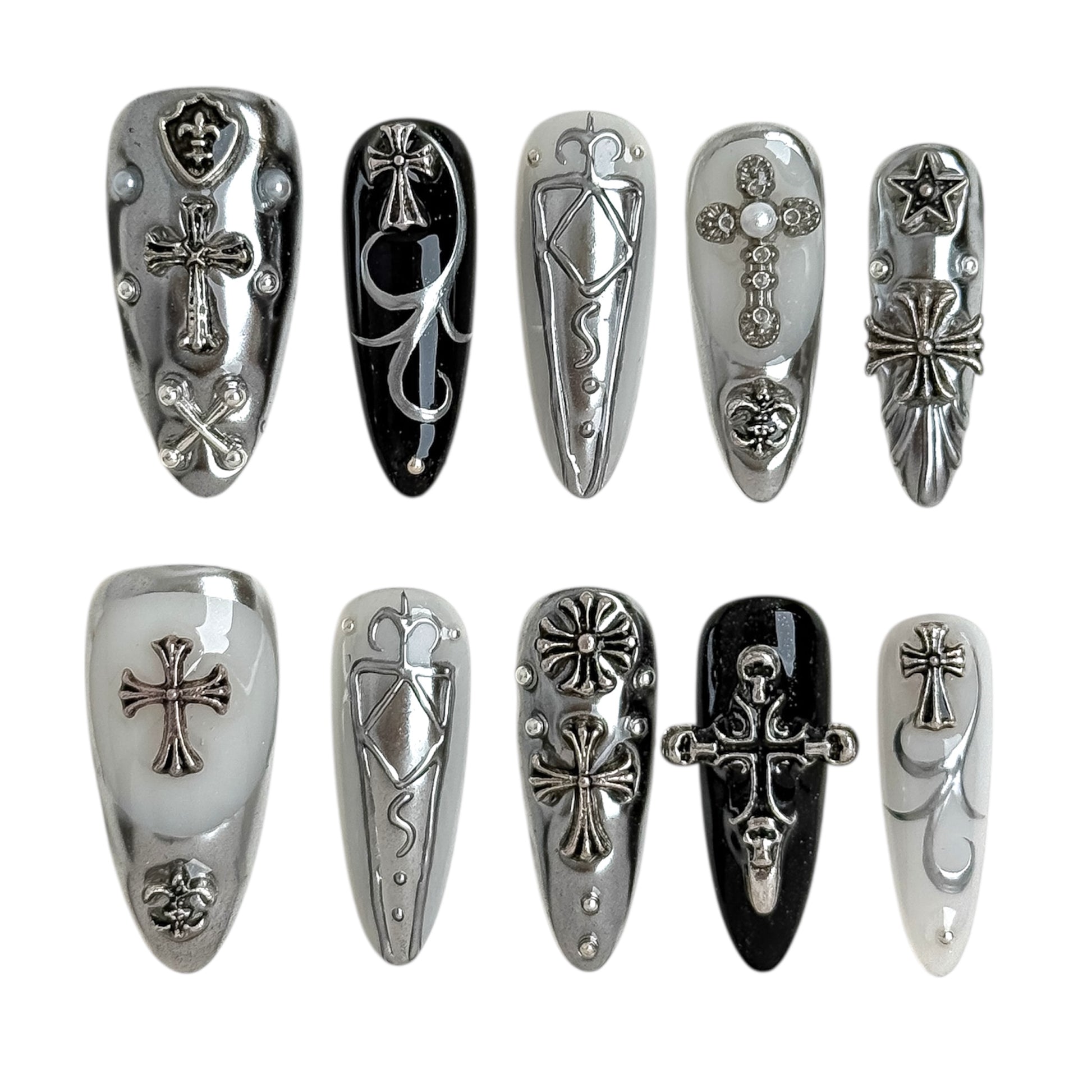 Votive Silver extra long gothic chrome press-on nails with sculpted cross design and silver metallic finish