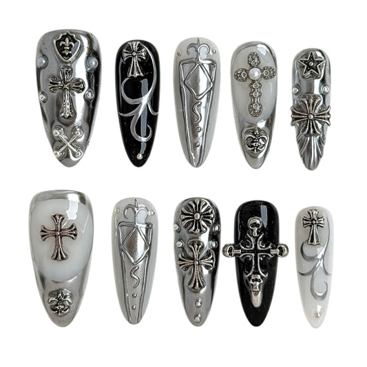 Votive Silver extra long gothic chrome press-on nails with sculpted cross design and silver metallic finish