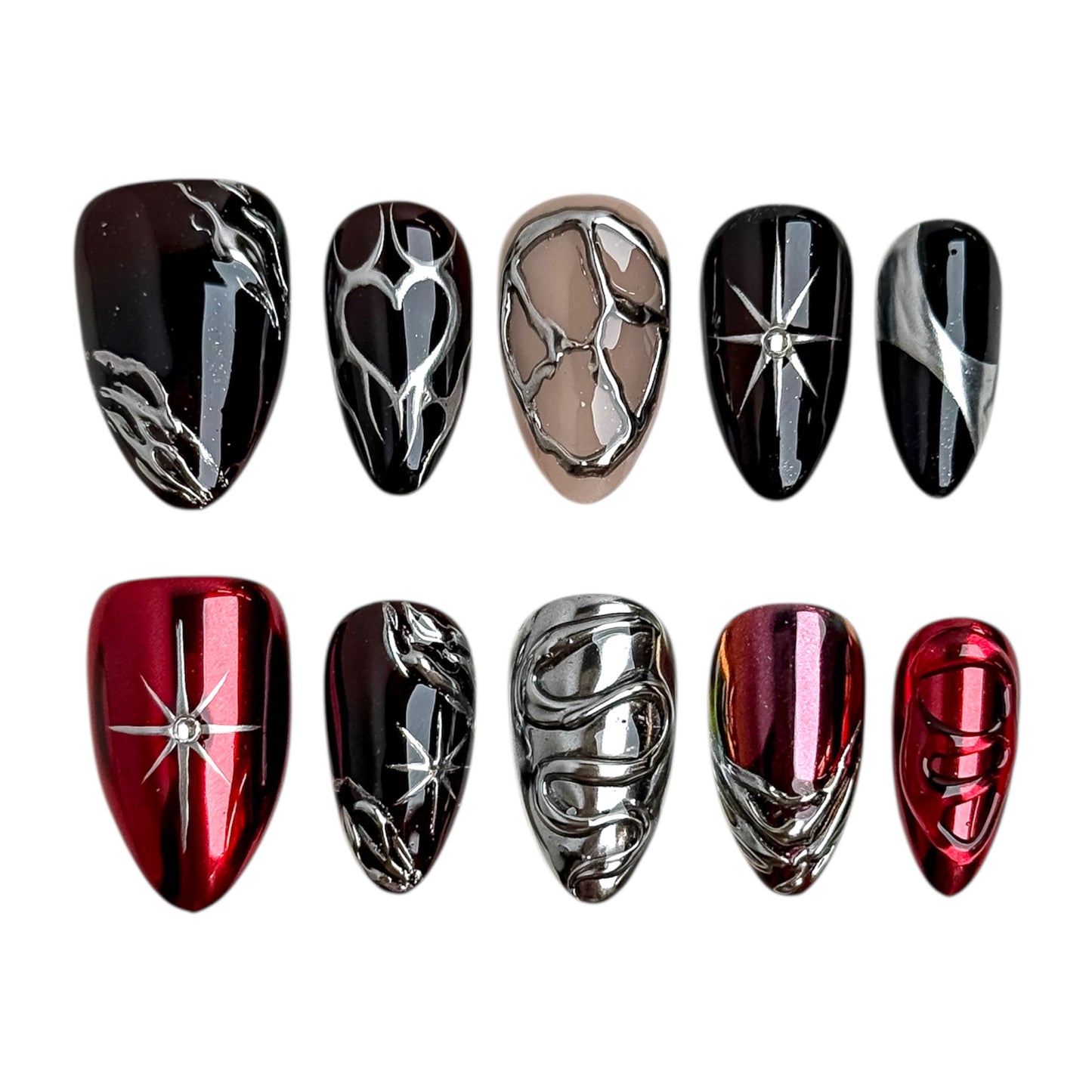 Press-on nails Noctechrome noir et chrome au design métallique, NailMusee