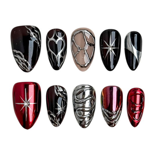 Press-on nails Noctechrome noir et chrome au design métallique, NailMusee