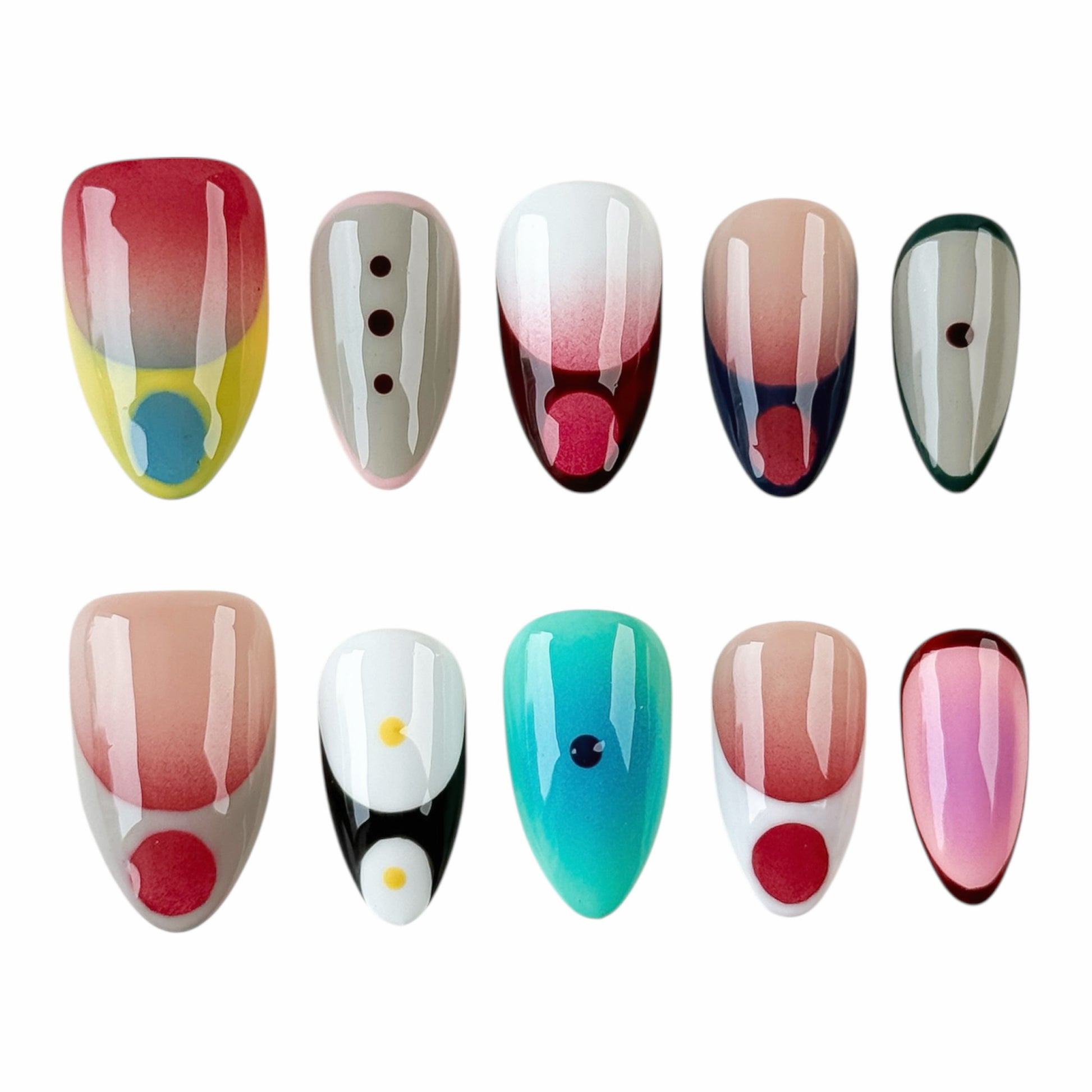 Ongles press-on Palette de Printemps avec design abstrait, points graphiques et couleurs pastel inspirées du printemps.
