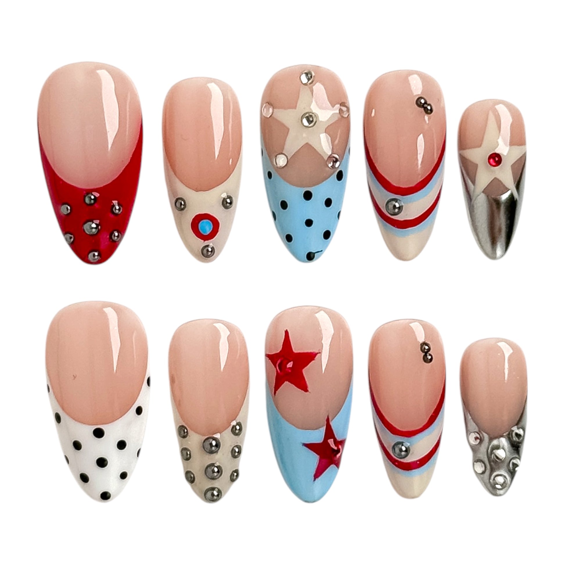 Rodeo Star press-on nails by NailMusee featuring retro Americana stars, polka dots, chrome accents and red, white and blue details.