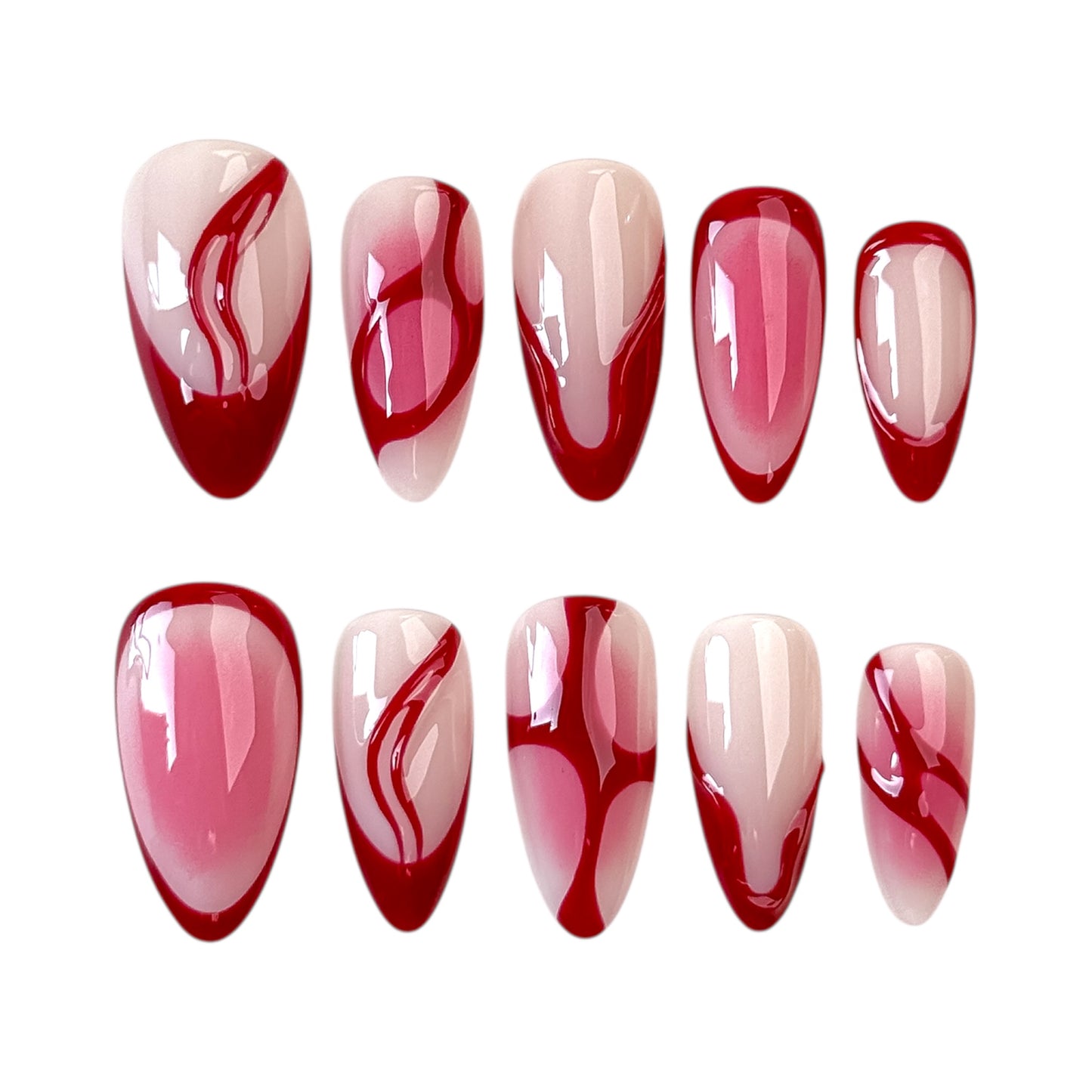 Ongles press-on rouges Ruban de Noël de NailMusee , manucure festive brillante.