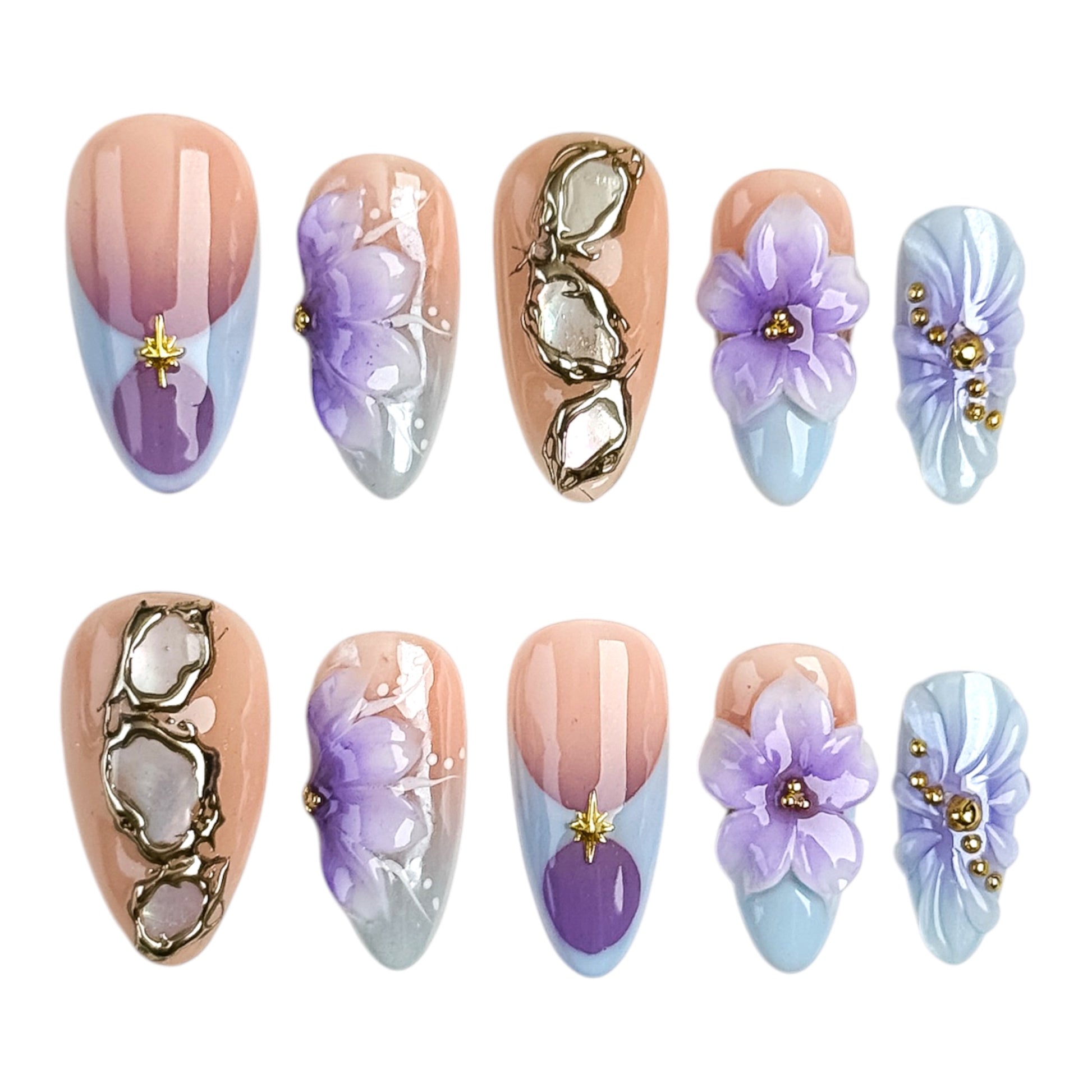 Press-on nails Soft Violet avec design floral 3D en tons lilas pastel