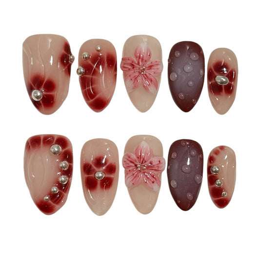 Faux ongles bordeaux Velours Rouge avec fleurs 3D, design élégant pour l’automne – NailMusee
